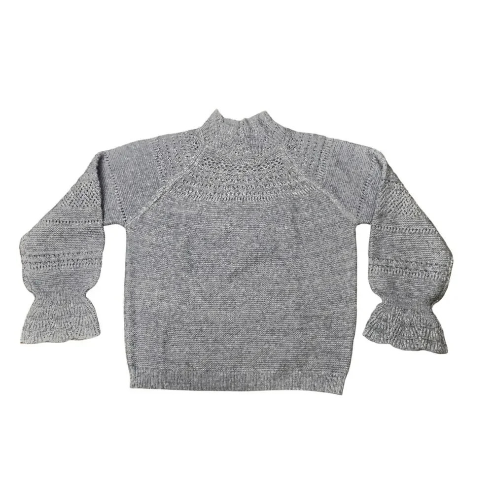 New Wit & Widsom Pointelle Blue‎ Heathered Sweater Ruffle Sleeve Women’s M